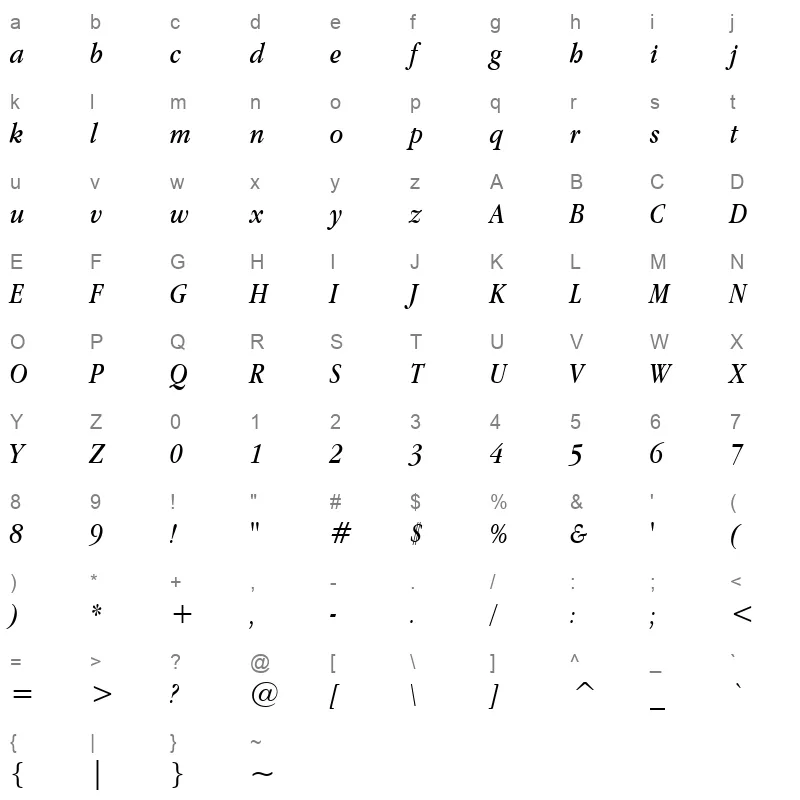 Apple Garamond Book Italic BT Character Map