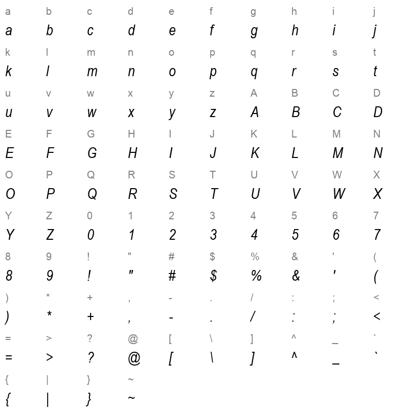 ARIALNI Character Map