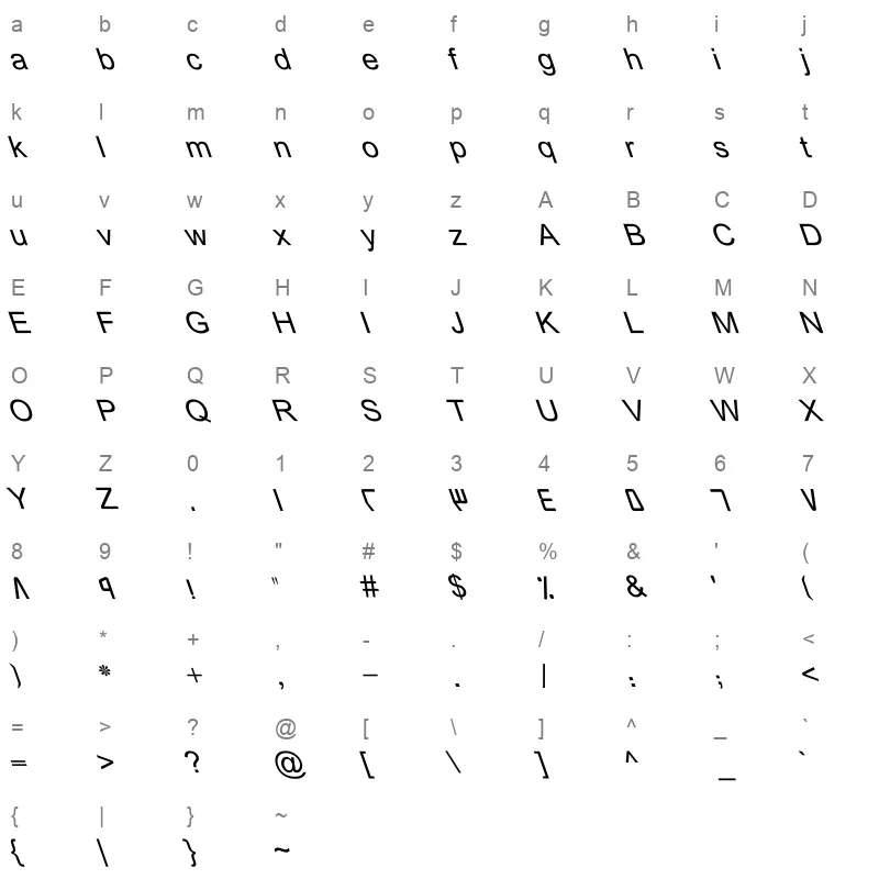 BASHA 1D Italic Plain Character Map