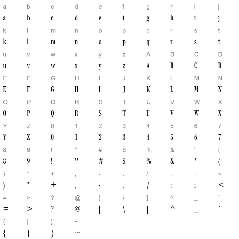 BOD CR Character Map