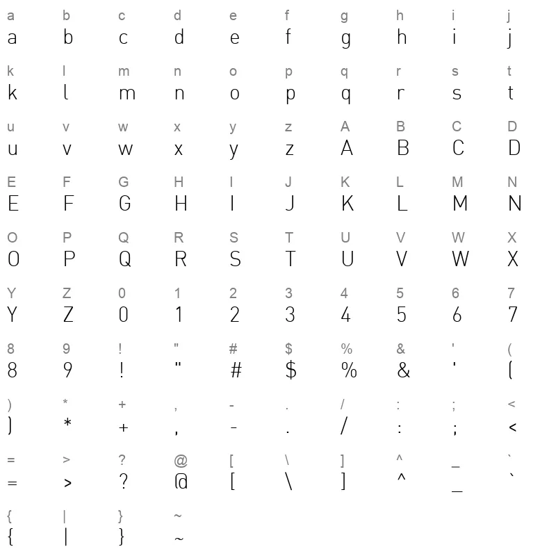 DINArabic Light Character Map
