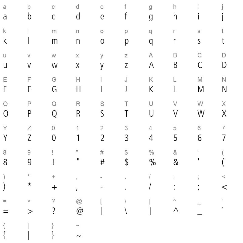 Frutiger LT Arabic 47 Light Cn Character Map