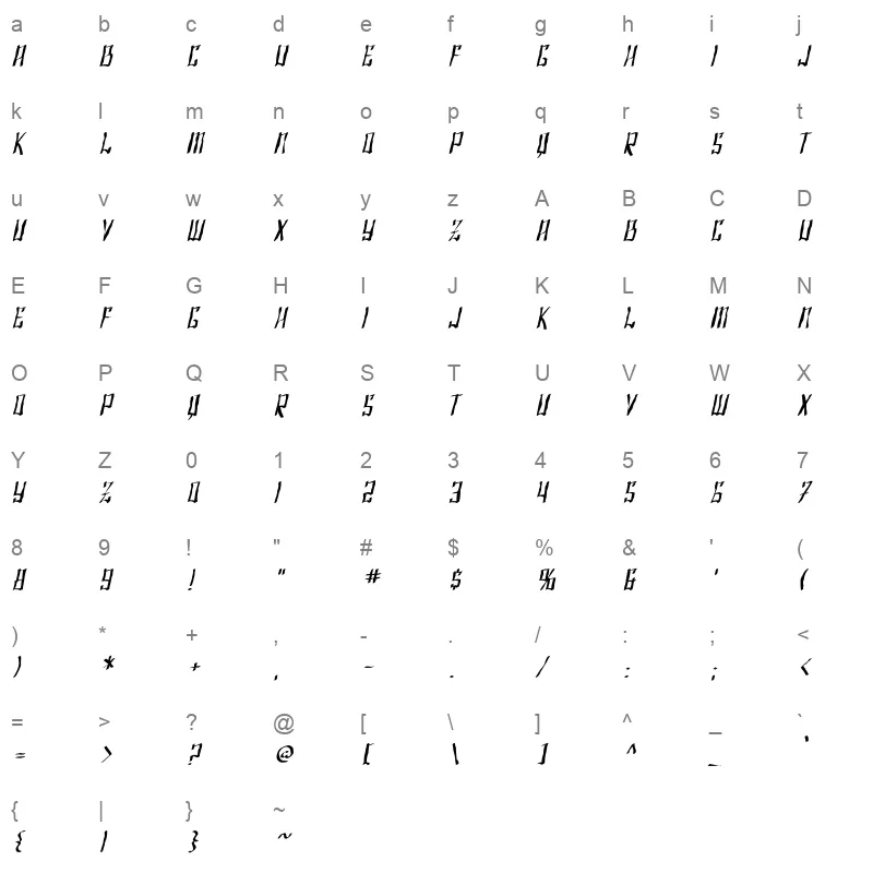 SF Shai Fontai Distressed Oblique Character Map