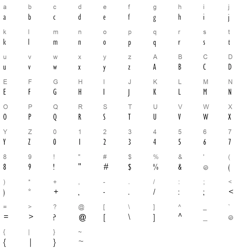 Shorooq Yara Thin 1 Character Map